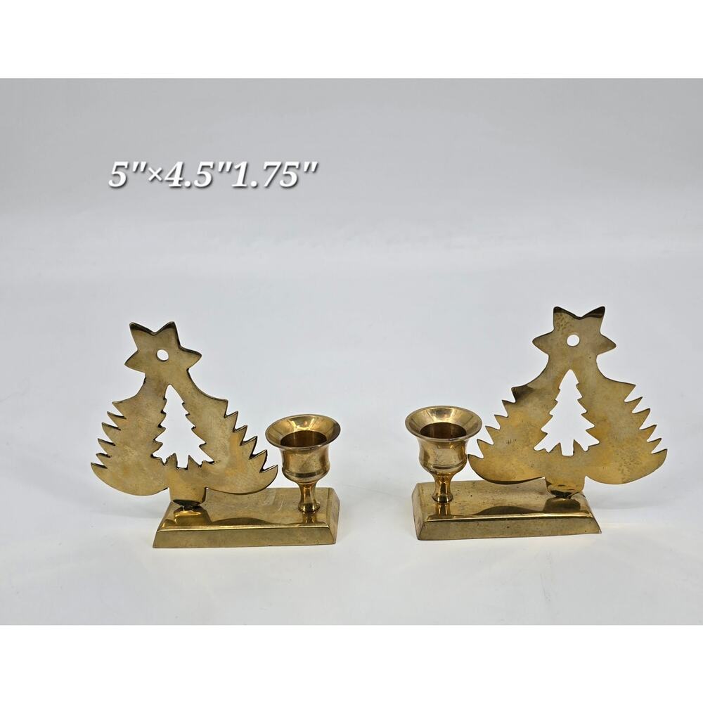Vintage Brass Christmas Tree Taper Candle‎ Holders – Set of 2